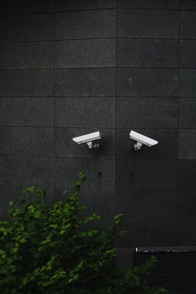 Mastering the First Impression: Your intriguing post title goes here Two security cameras mounted on a dark tiled wall, symbolizing protection and surveillance.